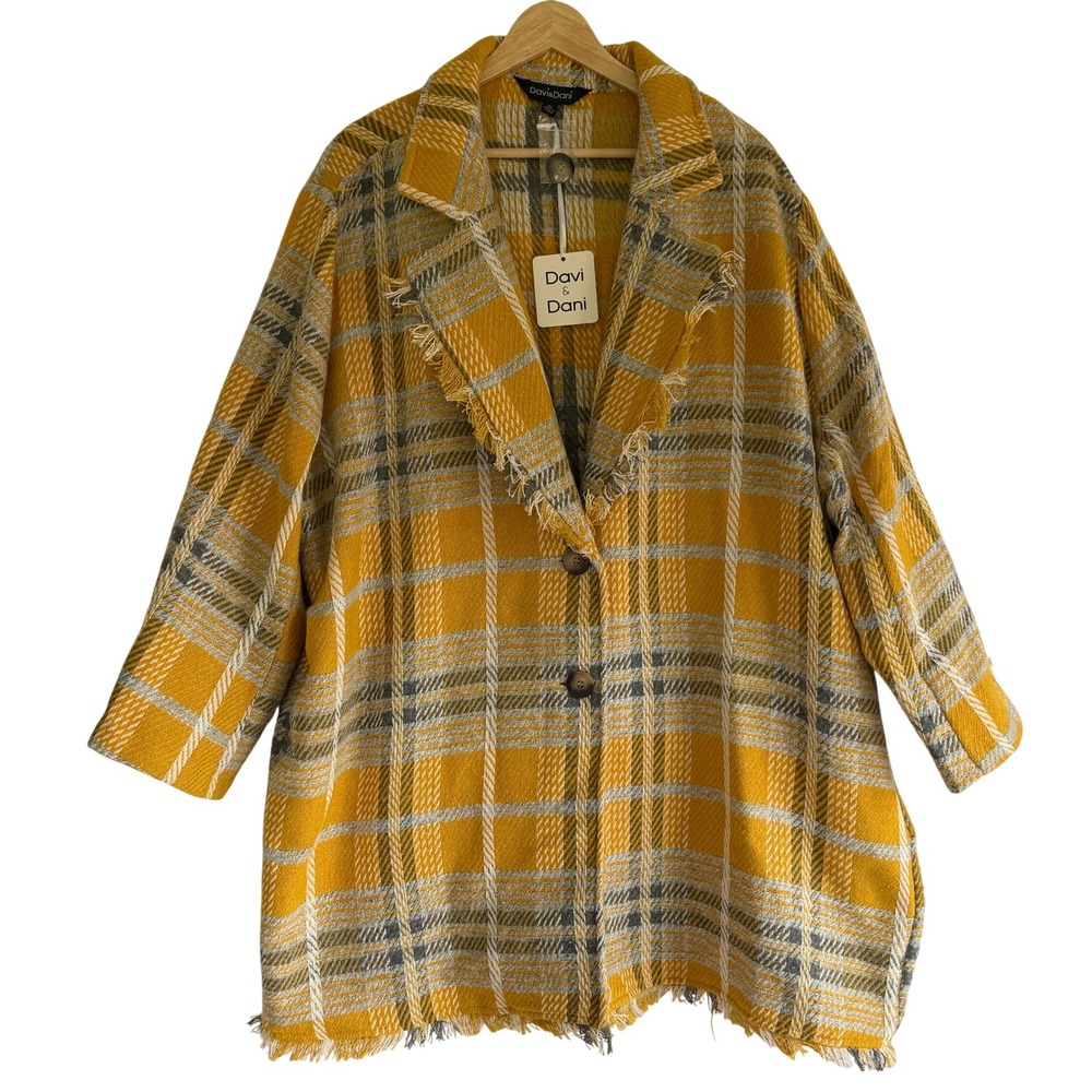 Davi & Dani Yellow Plaid Fringe Wool Blend Shacket Coat PJ10307 Womens 1XL NEW